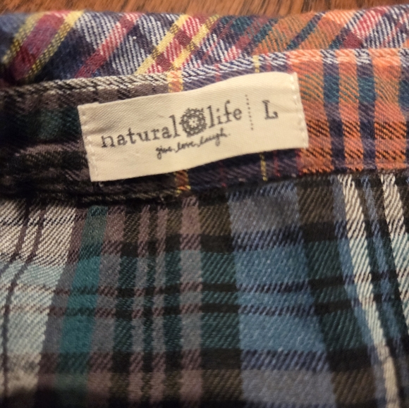 Reworked/upcycled flannel shirt Natural Life Shacket L XL Womens Blue Yellow - Picture 9 of 10